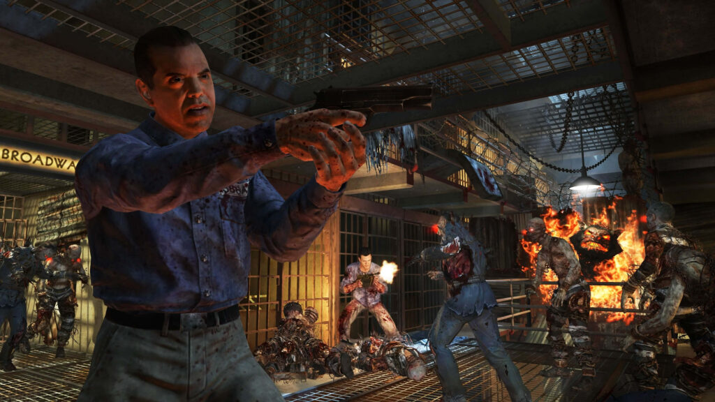 Intense combat scene in Call of Duty: Black Ops II with character fighting fiery zombies using shotgun Wallpaper