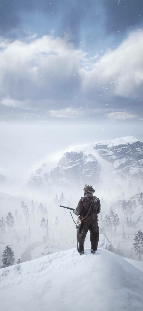 Conquer the Cold: Majestic Snowy Summit in Red Dead Redemption II Phone Wallpaper