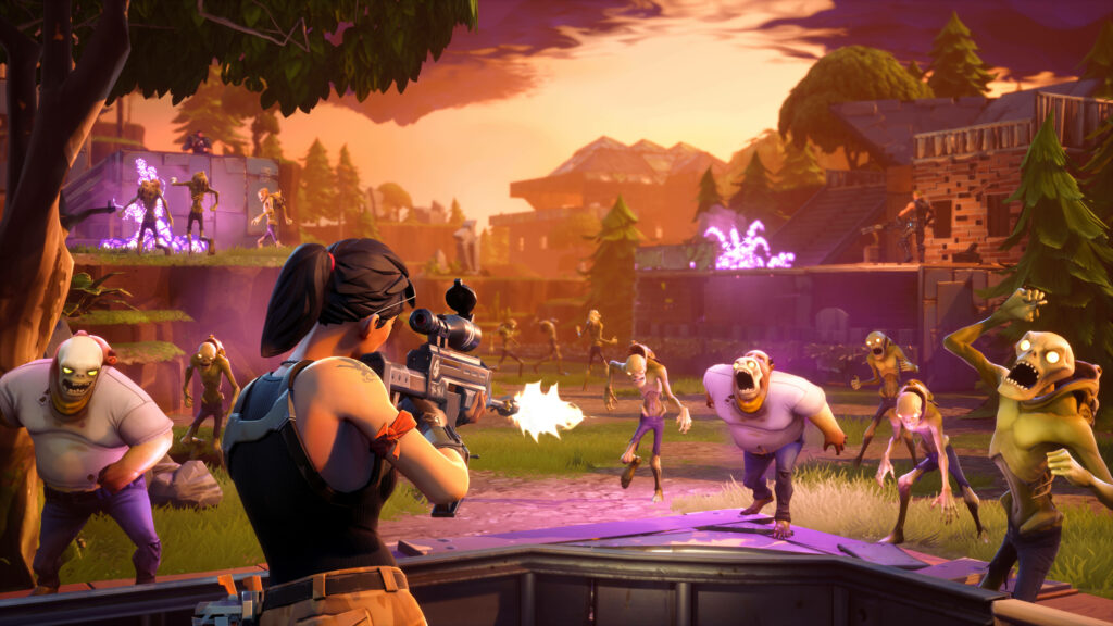 Fortnite Warrior Conquers a Horde of Cartoon Zombies: Immersive 8k Gaming Background Wallpaper