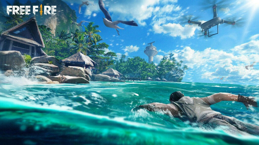 Adventurous Free Fire Game Character Defies the Ocean Waves with a Coastal Home in Sight Wallpaper