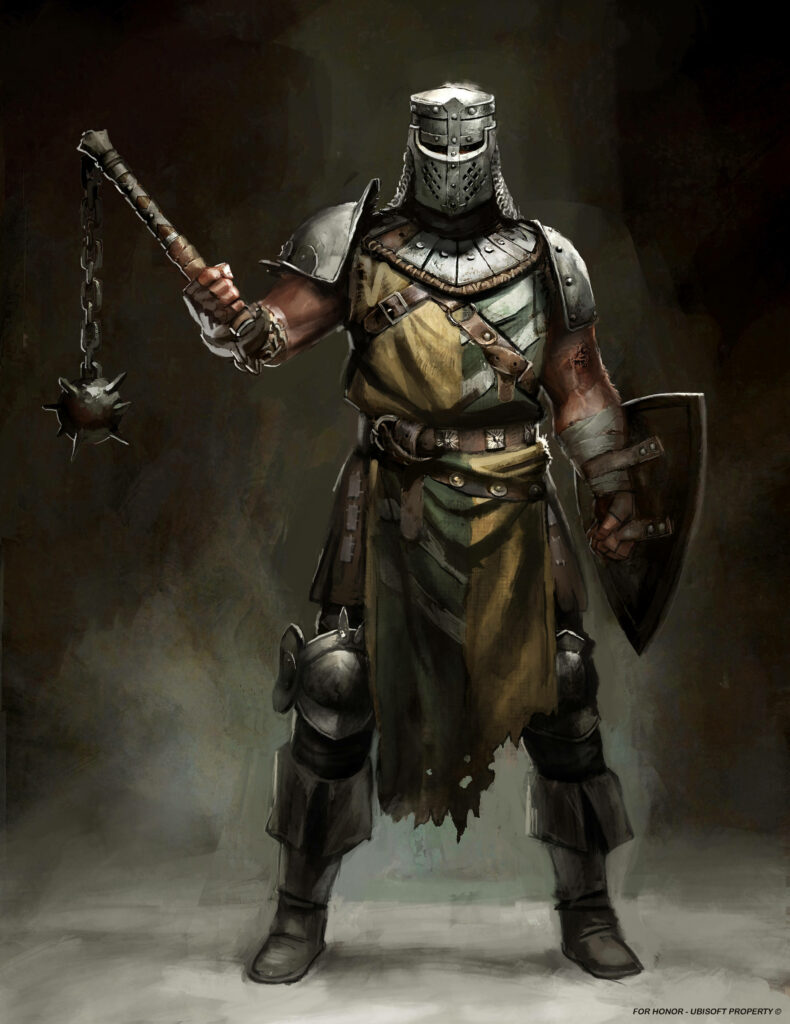 Medieval warrior in battle armor with flail and shield, inspired by For Honor universe Wallpaper