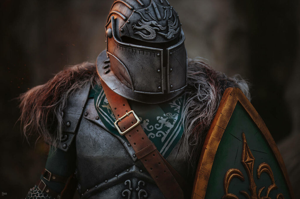 For Honor Conqueror Wallpaper: Detailed Close-Up of Battle-Hardened Warrior in Dramatic Setting