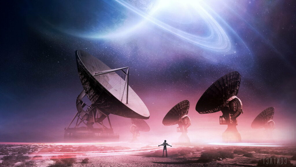 Digital Connection: A Captivating and Artistic HD Wallpaper Background featuring Creative Graphics and Stunning Contact Concept - Satellite Dishes are Connecting to the Space