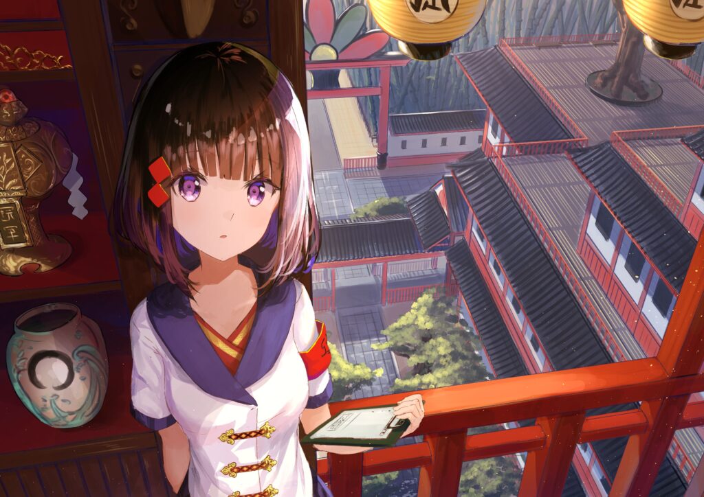 Anime Girl in Temple: Serene Wallpaper with Traditional Architecture