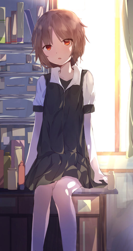 Contemplative Anime Girl by Window - Soft Light & Shadows Wallpaper