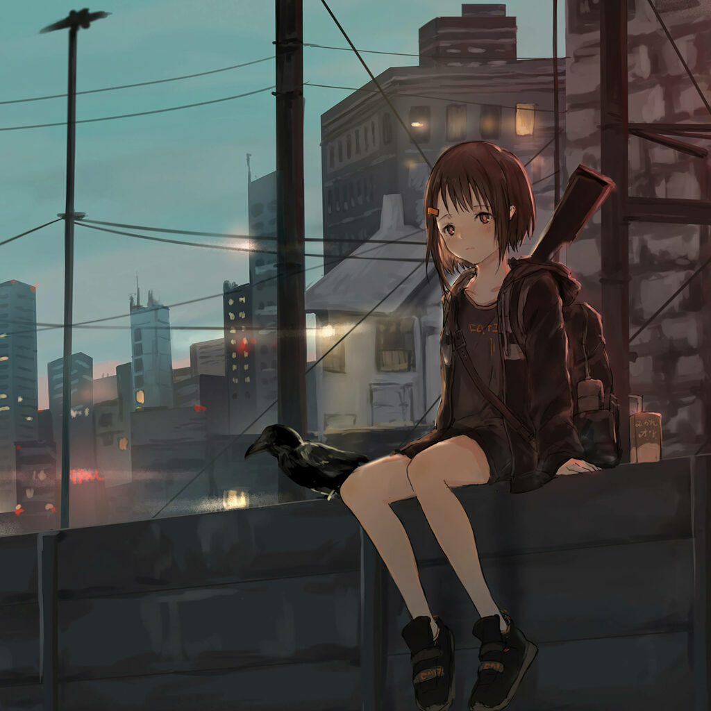 Contemplative Child on Rooftop: Twilight Anime Wallpaper Background