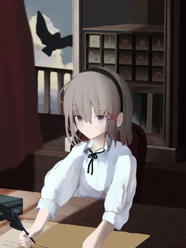 Contemplative Anime Girl Writing: Serene Wallpaper Background