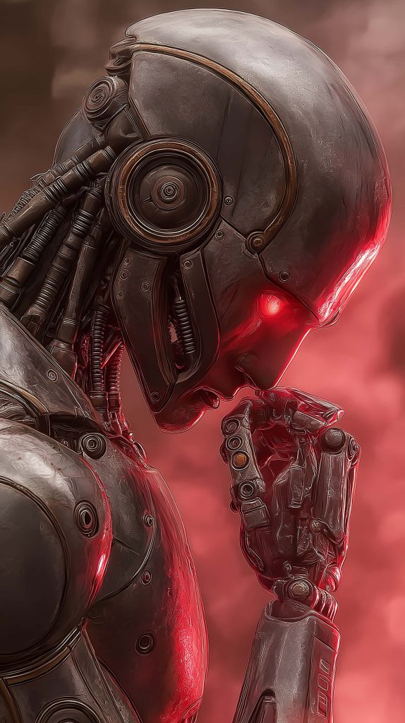 Contemplative humanoid robot with glowing red eyes on dark crimson sci-fi digital art wallpaper