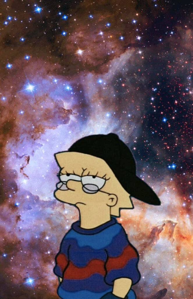 Contemplative Lisa Simpson in Hat & Sweater: Celestial Wallpaper