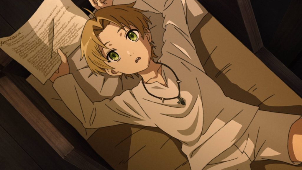 Mushoku Tensei anime wallpaper of Rudeus Greyrat resting indoors holding parchment reflecting