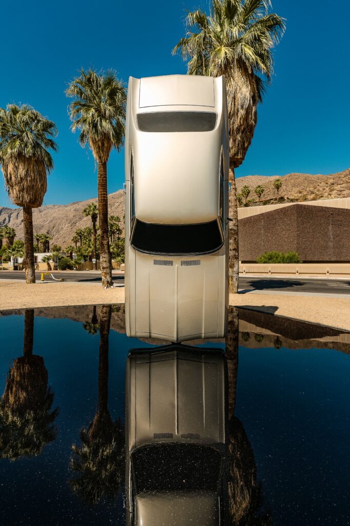 Unique Contemporary Art: Car Reflection in Water with Palm Trees Wallpaper