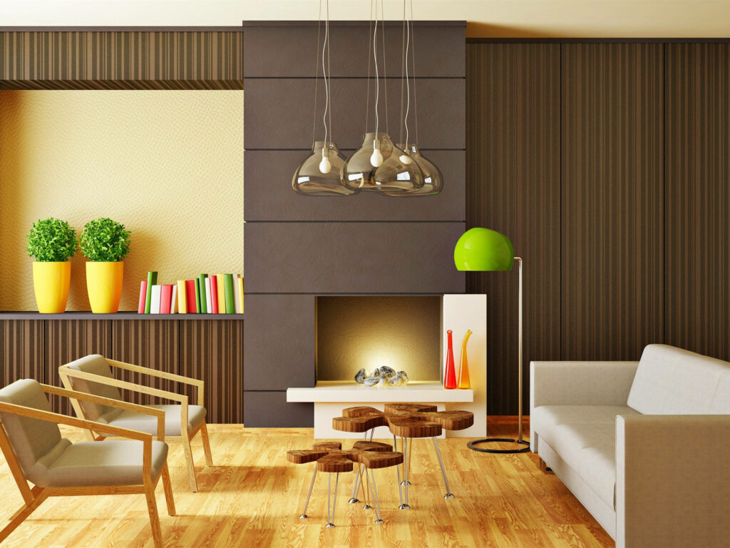 Homely Elegance: Contemporary Living Room with Warm Brown and Sleek Gray Walls featuring Chic Wooden Center Table Wallpaper