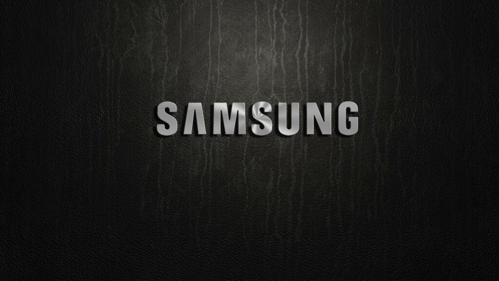 Samsung: Sleek and Minimalistic Branding in Metallic Silver against Leather-Textured Silver Backdrop Wallpaper
