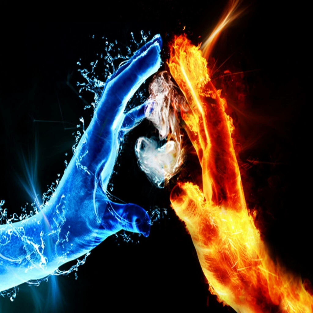 Immortal Passion: A Hauntingly Beautiful Artwork of a Frozen Heart Embraced by Fiery Hands against a Stylish Backdrop Wallpaper