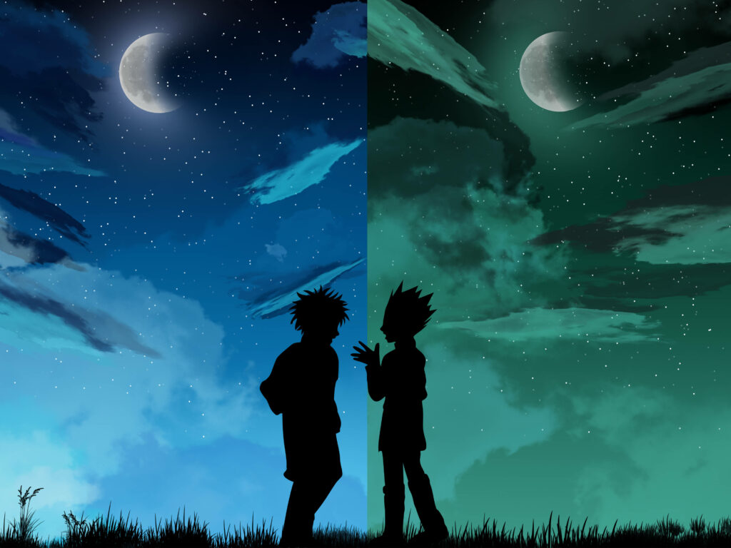 Merging Shadows: An Awe-inspiring 4k Background Showcasing the Yin-Yang Bond of Gon and Killua Silhouettes amidst a Vibrant Sky of Halved Moons and Shimmering Stars Wallpaper
