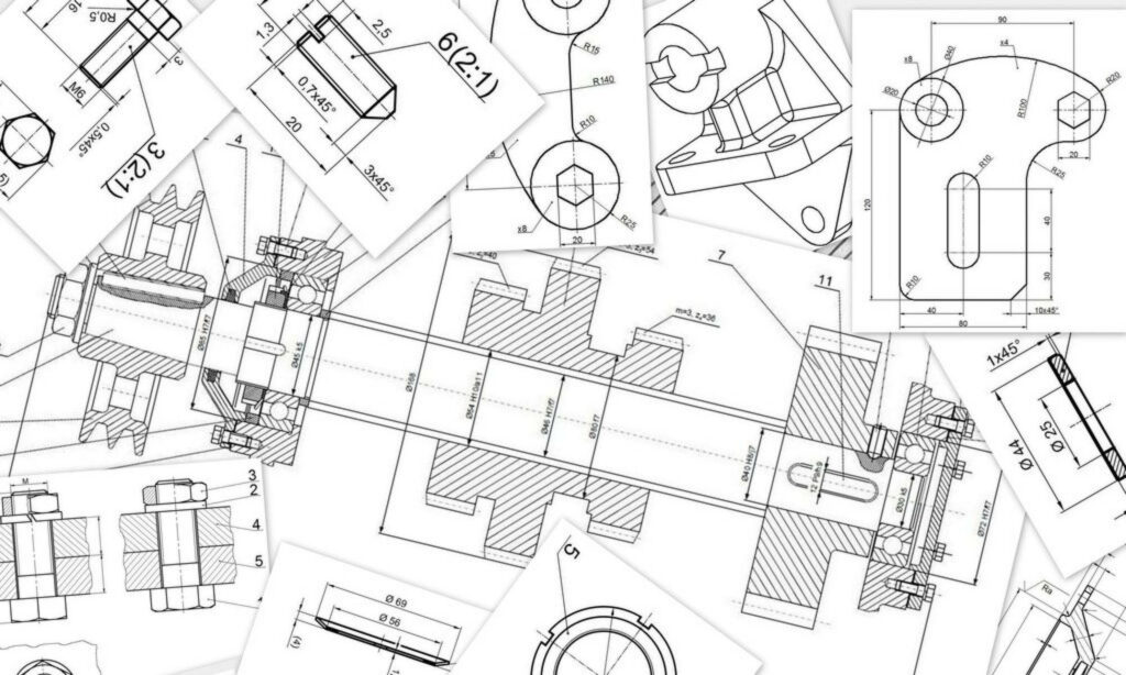 Blueprint Symmetry: HD Engineering Wallpaper Featuring Monochrome Mechanical Sketches