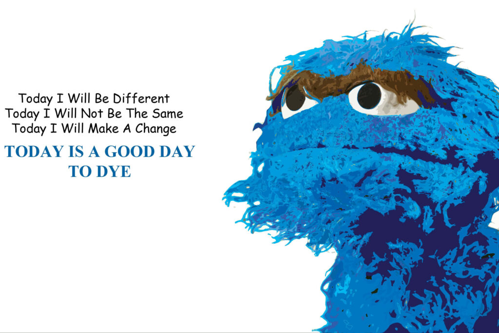 Cookie Monster digital wallpaper with blue brush strokes and positive change message on white background