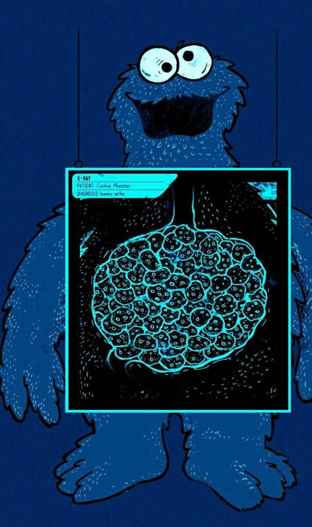 Cookie Monster wallpaper with textured blue design dark background x-ray showing cookies inside belly