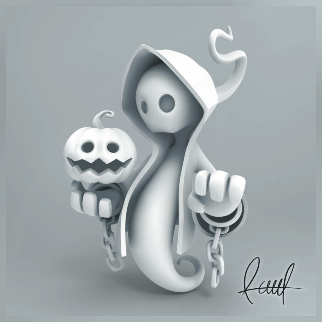 3D Ghost Character with Pumpkin: Spooky Minimalist Wallpaper