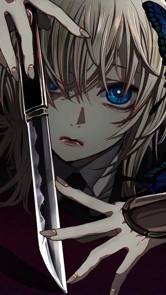 Cool Anime Girl Wallpaper: Dramatic Blue-Eyed Art with Knife