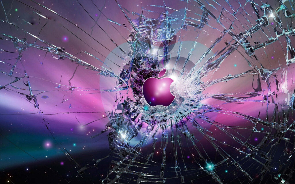 Vibrant purple pink cosmic wallpaper with glowing Apple logo and shattered glass effects
