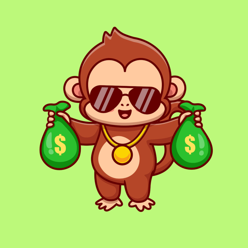 Cool Baby Monkey with Sunglasses & Dollar Bags on Vibrant Green Wallpaper
