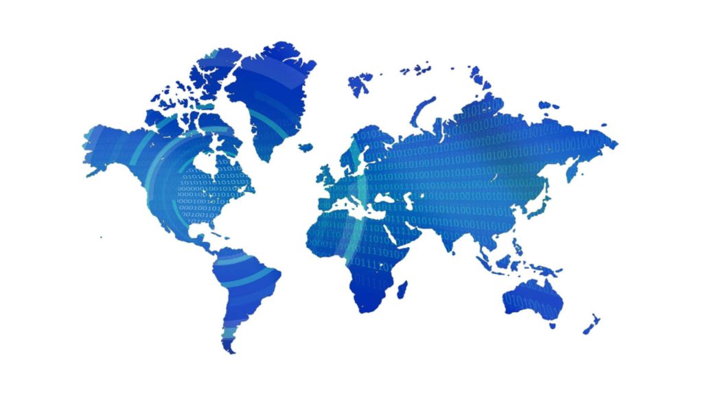 Blue world map wallpaper with digital continents, binary code, and concentric circles design