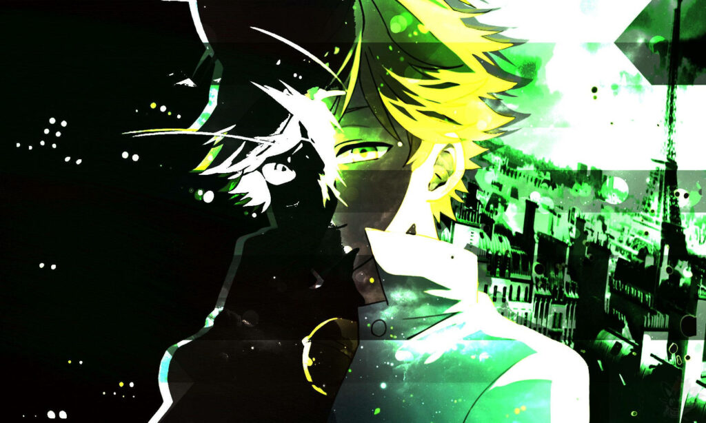 Cool Cat Noir and Adrien Miraculous Ladybug wallpaper with green black white cityscape background