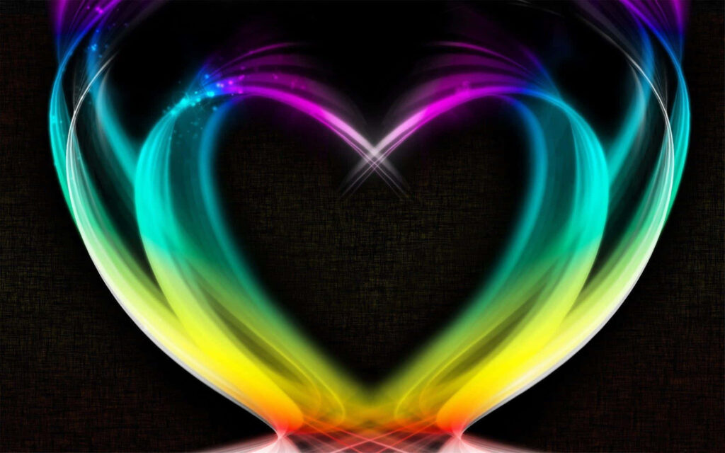 Glowing neon heart with fluid cyan lime magenta light trails on dark textured abstract background Wallpaper