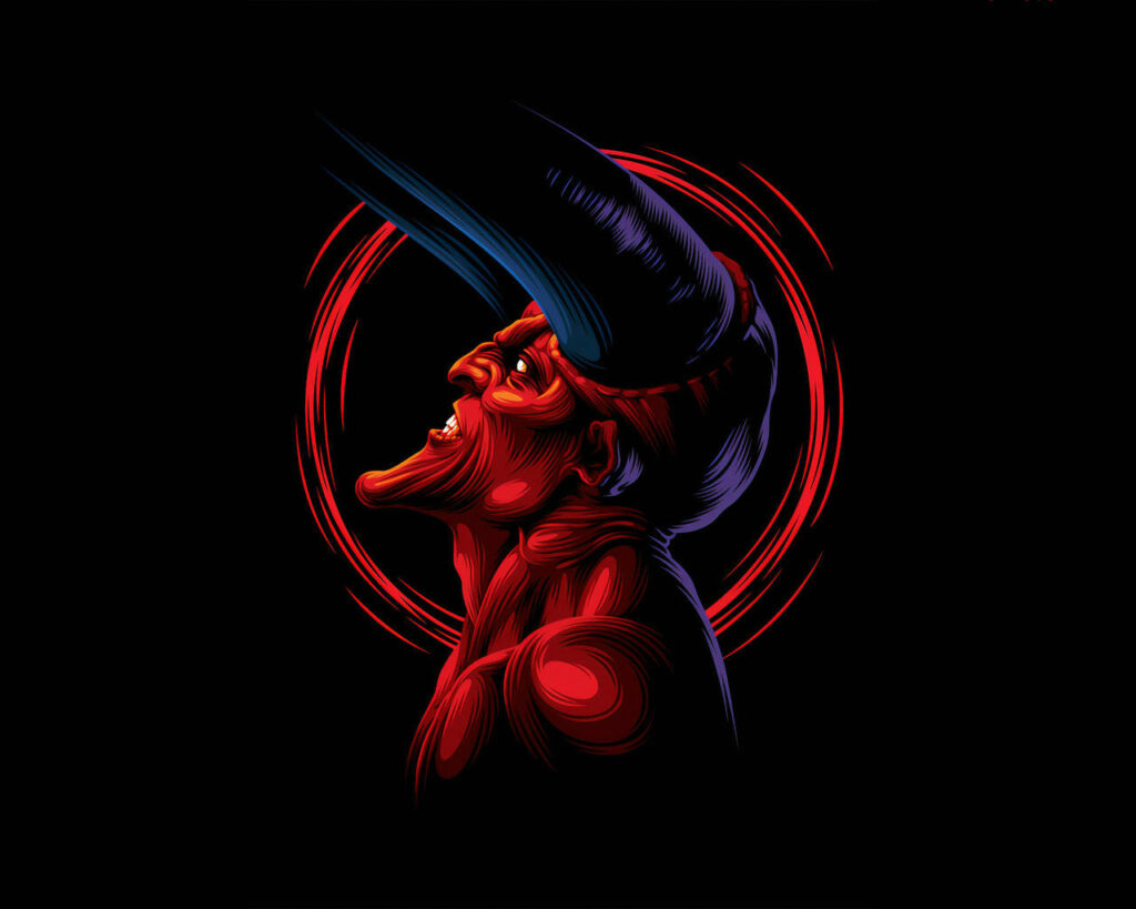 Plunged in the Fiery Abyss: A Majestic Demon with Vibrant Purple Horns Emerges from the Dark Abyss While Being Encircled by a Crimson Halo Wallpaper