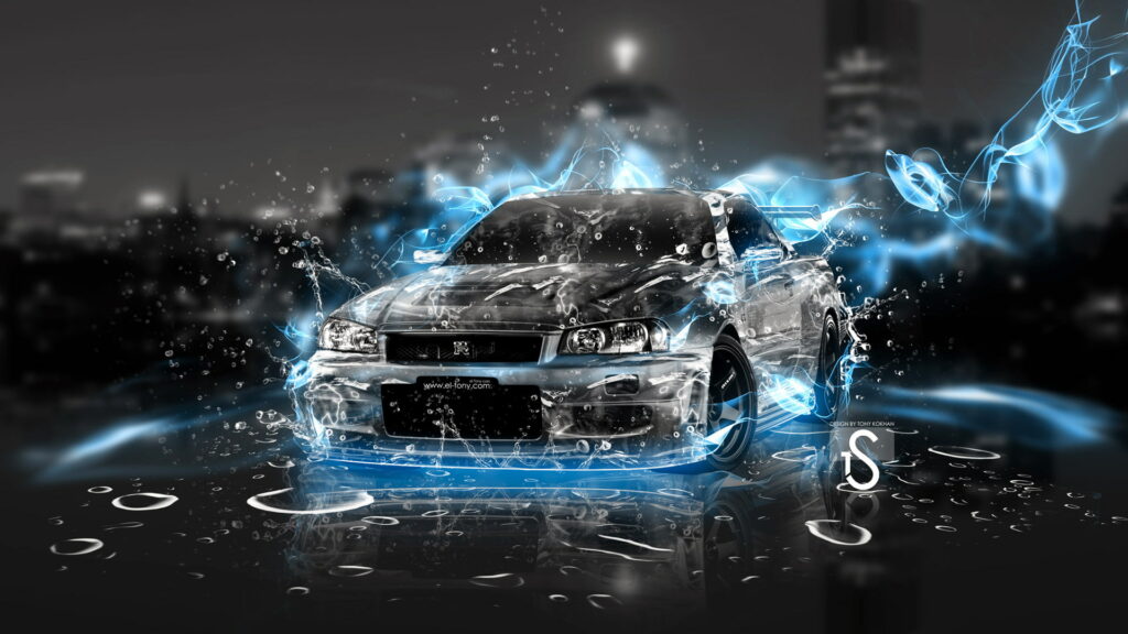 Nissan Skyline GT-R R34 with electric blue light trails and water splashes city night wallpaper