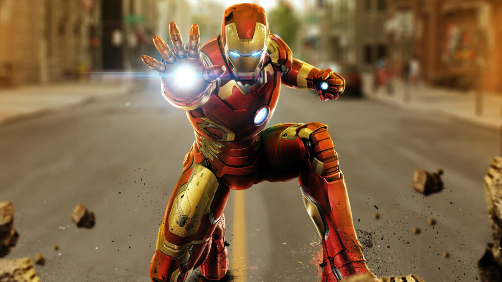 Marvel's Iconic Iron Man Powerfully Unleashes Repulsor Blasts amidst Urban Cityscape Wallpaper