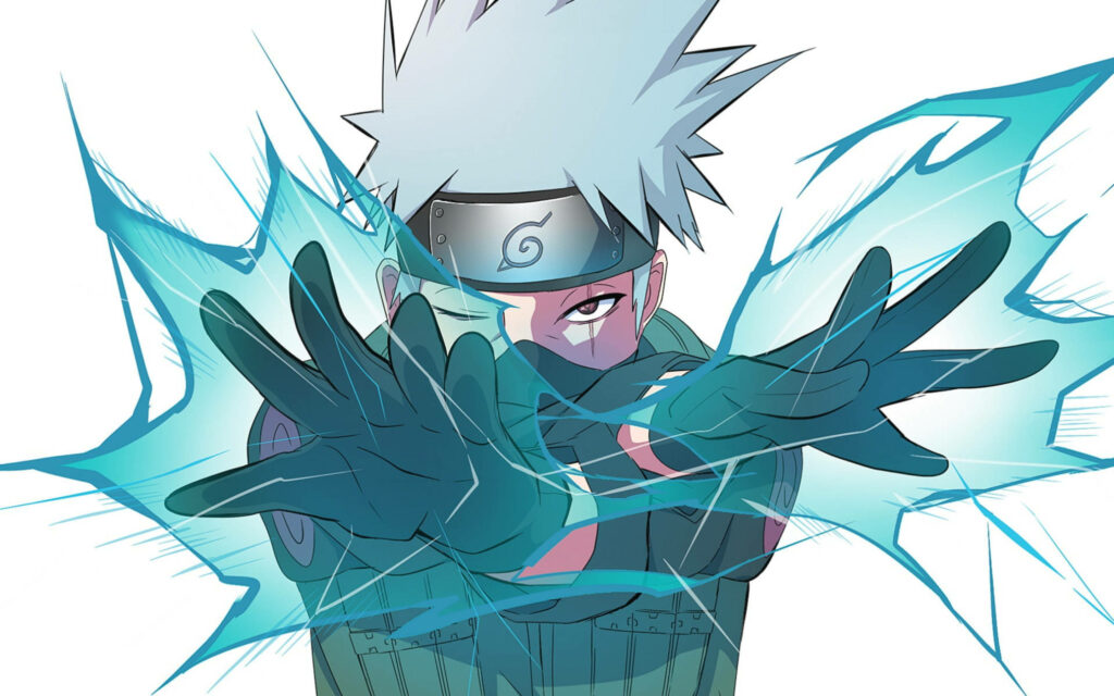 Kakashi Hatake anime wallpaper showing him unleashing blue Chidori lightning blade action pose