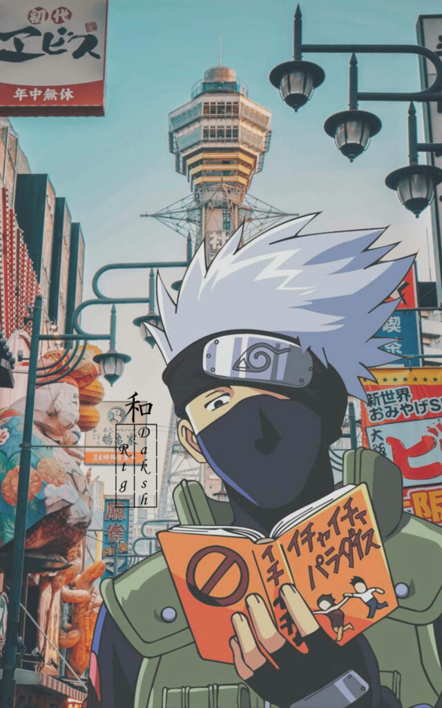 Urban Wanderings: Kakashi Captivatingly Engrossed in a Book Amidst the Cityscape Wallpaper