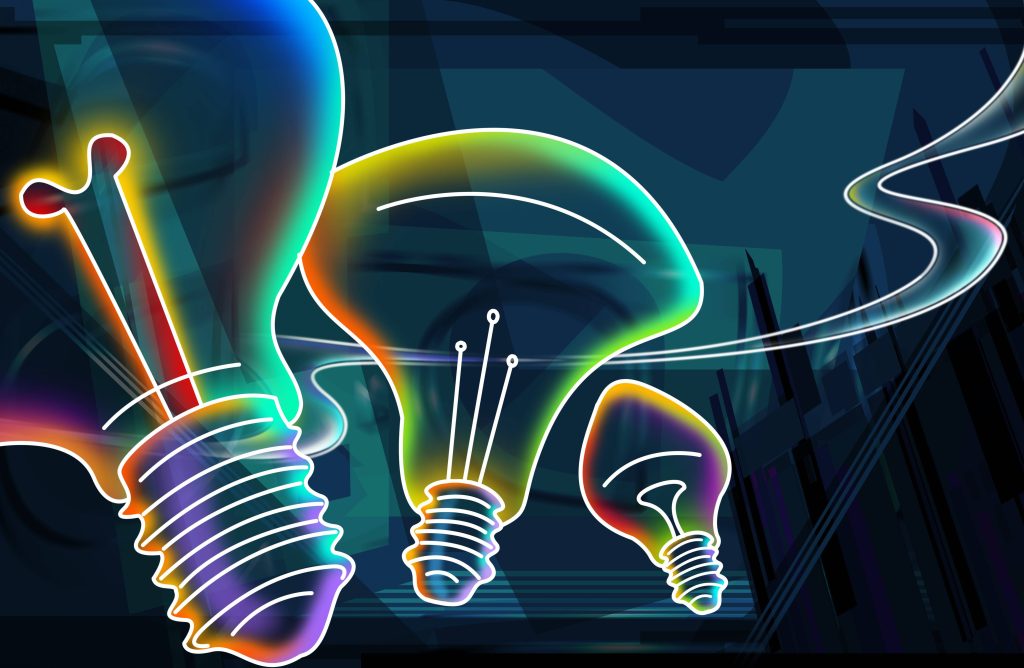 Cool Neon Light Bulb Wallpaper vibrant rainbow glowing bulbs on dark abstract background digital art