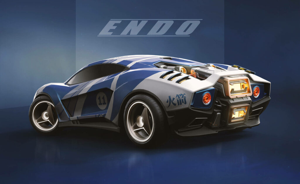 Futuristic Elegance: Vibrant Blue Rocket League Endo Car Speeding through a Sleek Blue World Wallpaper