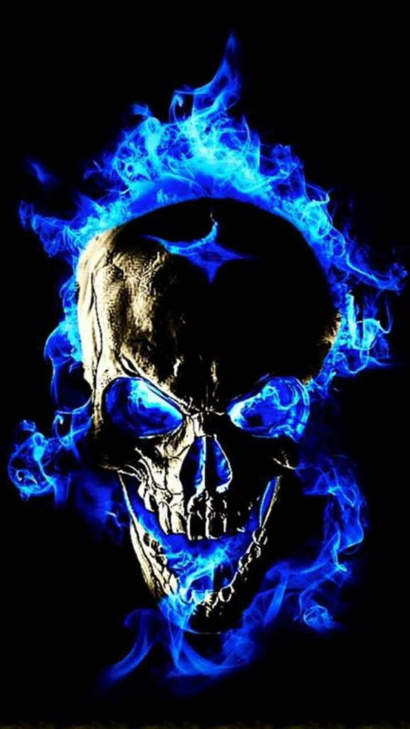 Ethereal Blue Flames Surround Menacing Skull on Dark Background Wallpaper