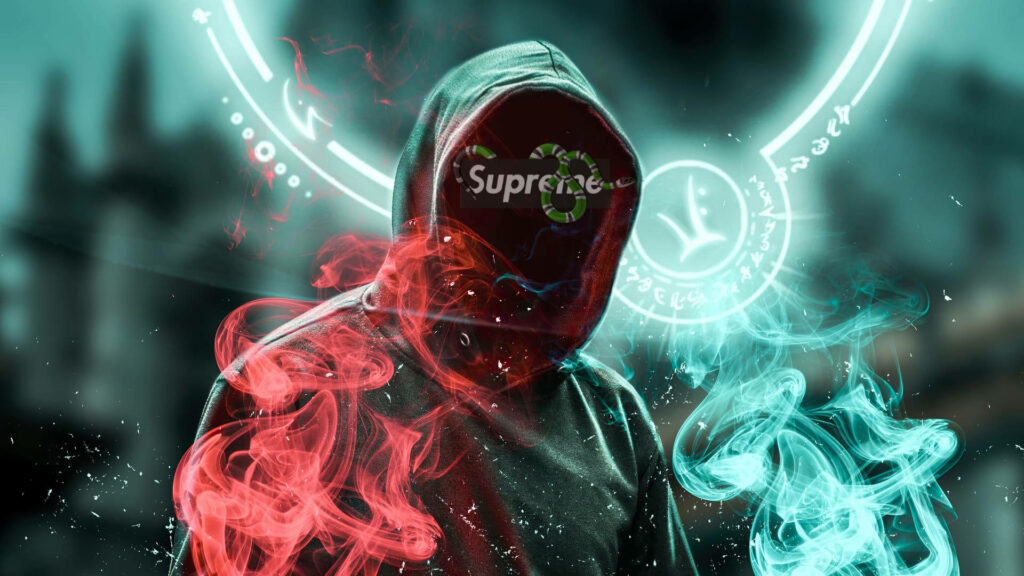 Summoning Supreme Style: A Hooded Figure Embracing Mystical Vibes in a Red and Green Image Wallpaper