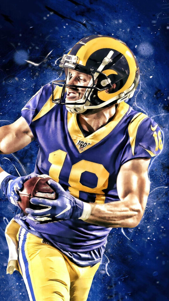 Cooper Kupp LA Rams dynamic action wallpaper vibrant blue gold team colors intense energy