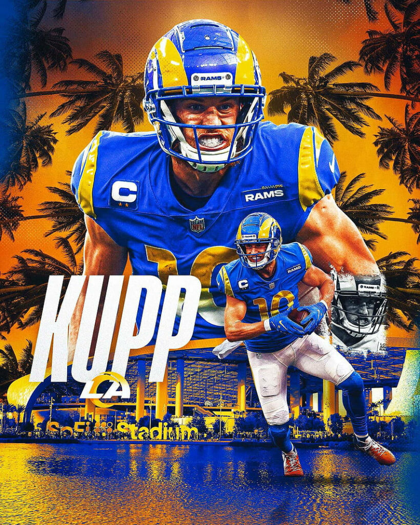 Cooper Kupp in LA Rams uniform at SoFi Stadium with palm trees vibrant football action background Wallpaper