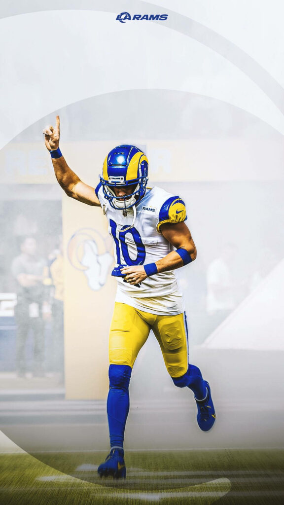 Cooper Kupp LA Rams celebrating in number 10 jersey dynamic NFL wallpaper background