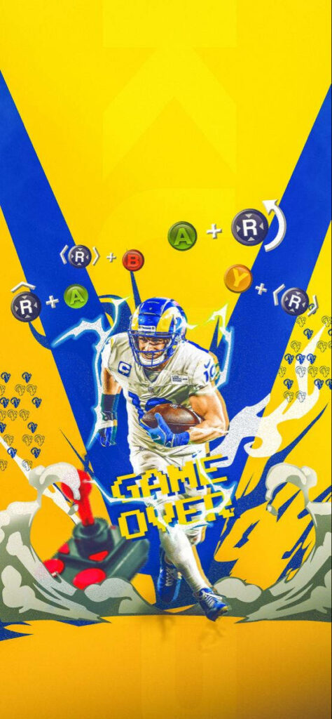 Cooper Kupp Los Angeles Rams digital art wallpaper with bold yellow blue background and Game Over design