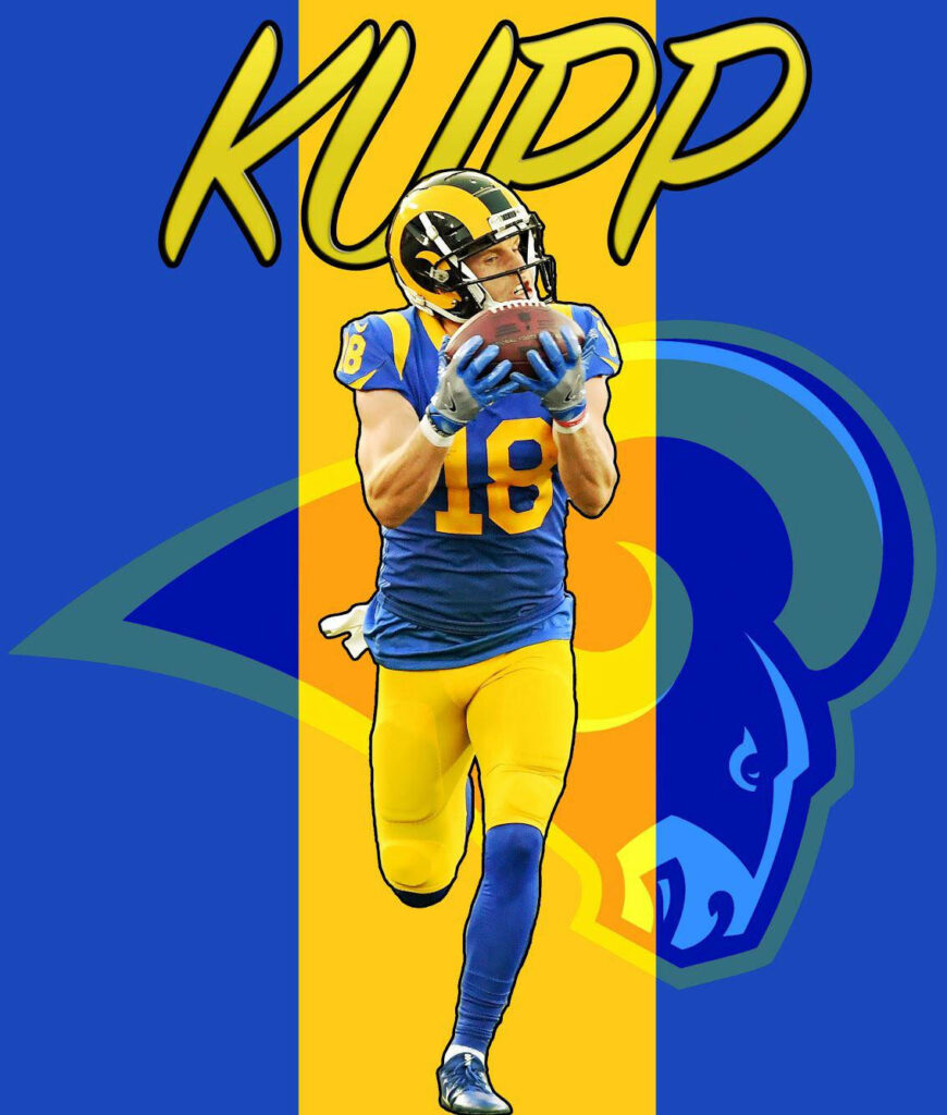 Cooper Kupp in Los Angeles Rams uniform dynamic graphic with blue yellow background and logo Wallpaper