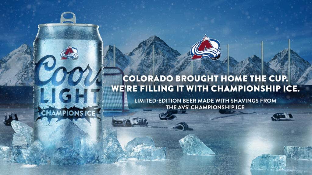 Coors Light limited-edition Champions Ice can on icy hockey rink with Colorado Avalanche logo Wallpaper