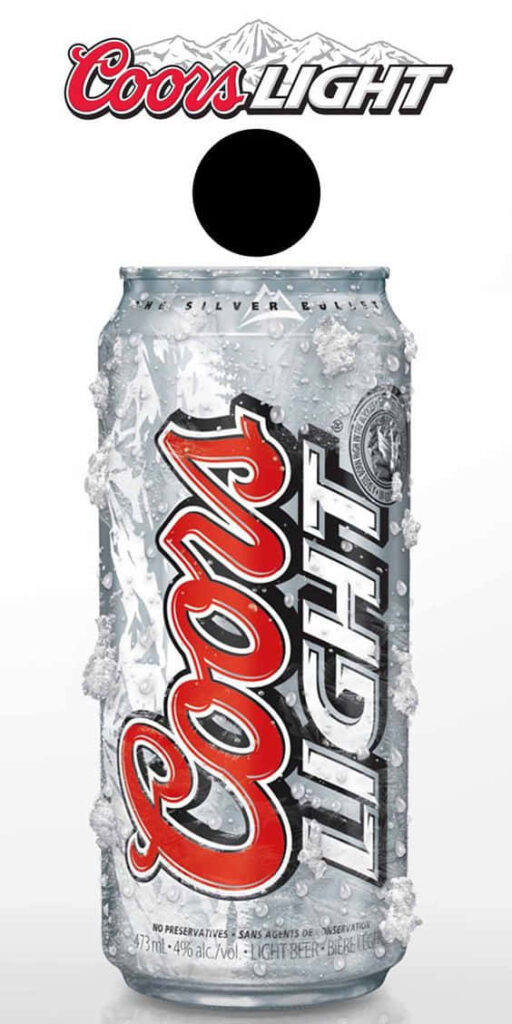 Frosty Coors Light can with ice droplets and mountain logo in silver white realistic wallpaper background