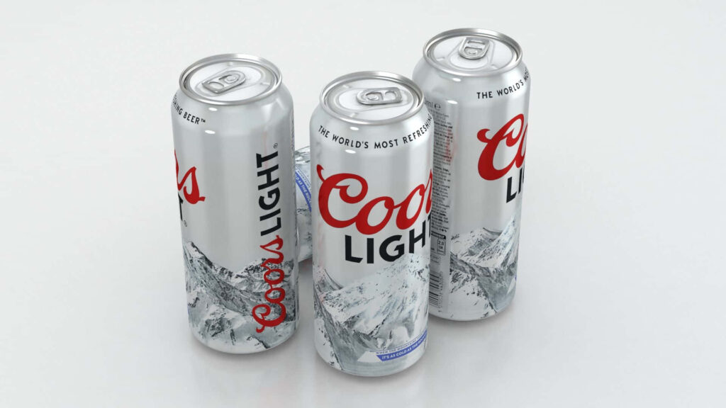 Three Coors Light cans with silver design icy mountain graphics and red logo on white background Wallpaper