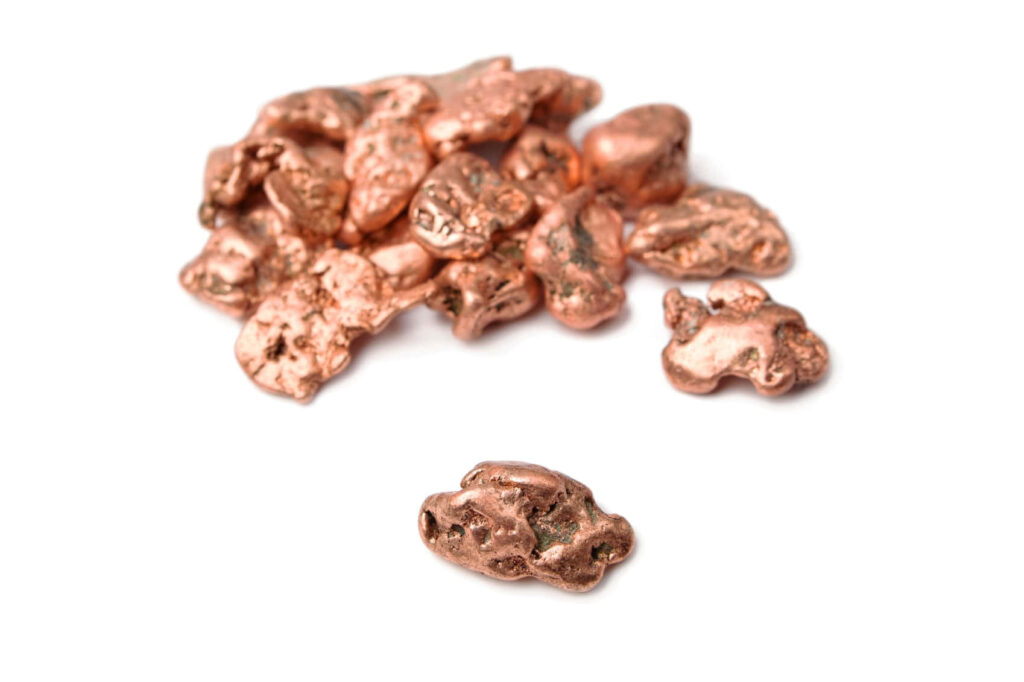 Copper metallic nuggets wallpaper with rich reddish-brown tones on a clean white background