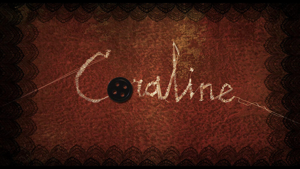 Coraline wallpaper with stitched title and black button O on textured brown lace background