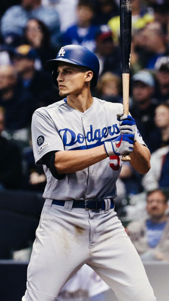 Corey Seager Dodgers batter focused at plate gripping bat in vibrant stadium MLB action wallpaper