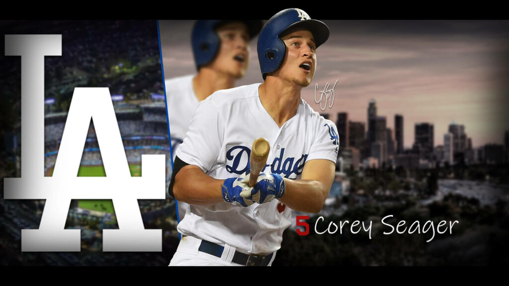 Corey Seager swinging bat in Los Angeles Dodgers uniform with vibrant cityscape and LA logo Wallpaper